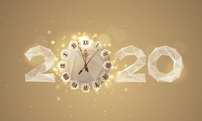 2020 and wall clock dial low poly banner template. Wireframe triangular glowing numbers, golden shining date polygonal illustration. New year creative poster, greeting card, postcard design layout