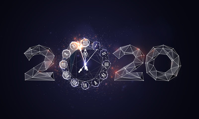 2020 low poly illustration. Wireframe triangular glowing numbers and watch dial, golden shining date polygonal art. New year congratulating poster, greeting card, postcard design layout