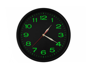 Black wall clock with green numbers isolated 