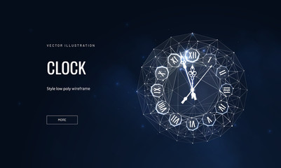 Clock face low poly landing page template. New Year holiday item web banner. 3d timer dial polygonal illustration. Watch, glowing timekeeper with decorative numerals mesh art homepage design layout
