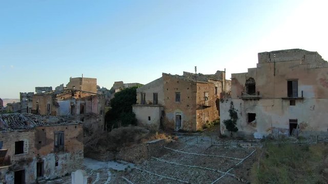 Empty and devastated houses of Ruins of Poggioreale, Sicily, Italy, Europe, aerial