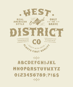 Font West District. Pop vintage letters, numbers