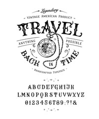 Font Travel Back in Time. Vintage letters, numbers