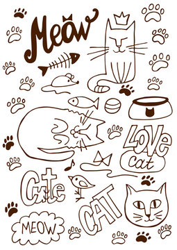Meow cat contours set vector illustration mouse lettering hand drawing