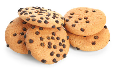 Tasty cookies with chocolate chips on white background