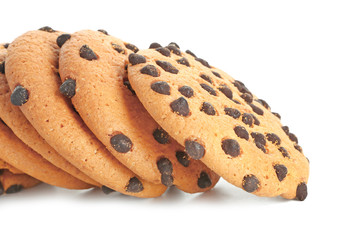 Tasty cookies with chocolate chips on white background