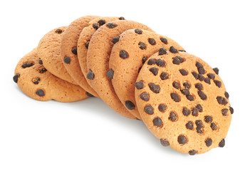 Tasty cookies with chocolate chips on white background