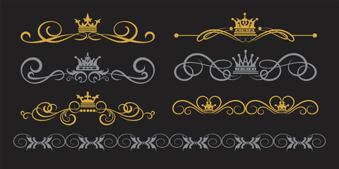 Design elements, gold, silver on black. Golden decorative ornaments for your design. Vector set