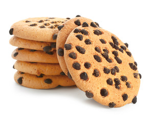 Tasty cookies with chocolate chips on white background