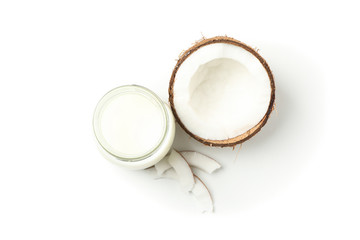 Bottle of milk, coconut and slice coconut isolated on white background. Top view