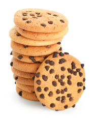 Tasty cookies with chocolate chips on white background