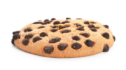 Tasty cookie with chocolate chips on white background