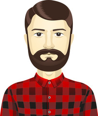 Man male character avatar, vector portrait. Lumberjack type clothes with beard. Hipster fashion style