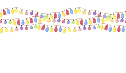 Fototapeta premium A repeat pattern of watercolor hand drawn light bulb garlands horizontal border on the white background, traditional Christmas decoration
