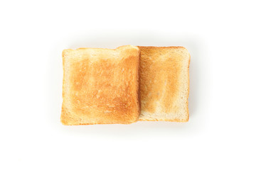 Tasty bread toasts isolated on white background, top view