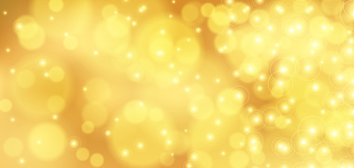 Golden bokeh background. Christmas glowing lights with sparkles. Holiday decorative effect.