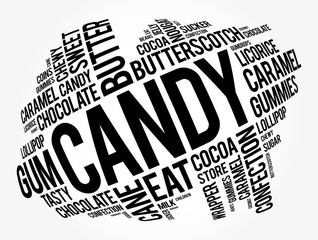 Candy word cloud collage, food concept background
