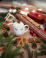 Сhristmas cookies and decorations on wooden background
