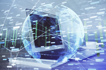 Multi exposure of business theme icons and table with computer background. Concept of success.