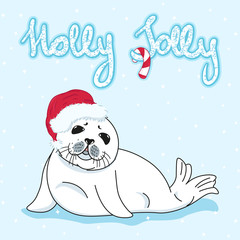 christmas greeting card with kawaii fur seal, holly jolly slogan, baby nerpa in santas hat, cartoon drawing cute animal, editable vector illustration for holidays decoration, poster, banner