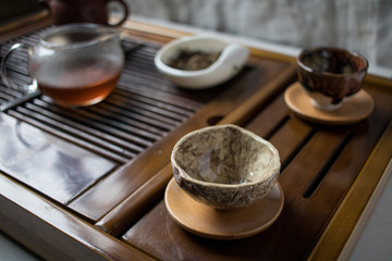 cup of tea and teapot on chinese teabord