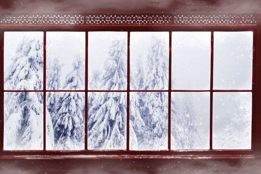 Window Frame With Snowy Fir Trees Outside