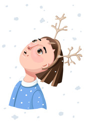 The girl with the christmas horns on the head looks in amazement as snowflakes fall from the sky. Young woman with a Hoop reindeer antlers on the background of falling snow. Vector illustration.