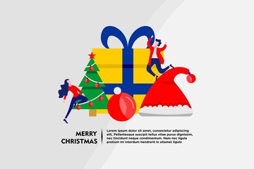 merry christmas tiny people flat design vector illustration can use for landing page, web, mobile, app, banner, poster, flyer