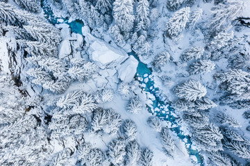 Mountain river in a forest covered with snow. View from above