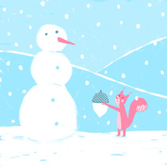 A squirrel and a snowman