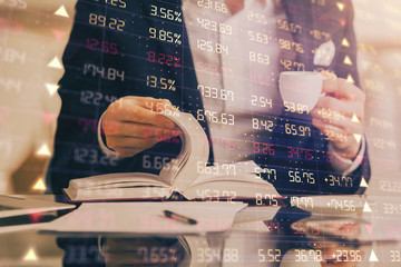 Double exposure of businessman with coffee with stock market forex chart.