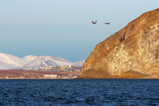 View of the coast of the Bering Sea and the urban-type settlement of Beringovsky. Chukotka, Far East of Russia. Scenic landscape with sea, cliffs and mountains.