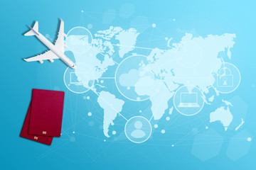 passport and airplane on blue background with map