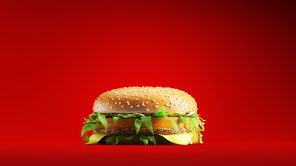 Delicious hamburger with seeded bun falls down and all ingridients stuck up. Meal is fresh, springy and ready to eat. Classic red background slow motion studio shot.
