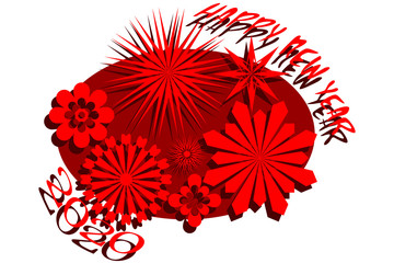New-year. Vector design. An image of red stylized flowers with their shadows over a Burgundy oval on a white background.