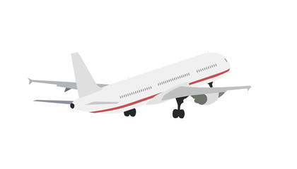 Plane takes off, isolated vector illustration, flat design airplane drawing