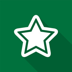 Flat white star icon with a long shadow on a green background.