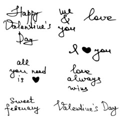  Valentines day love text hand written collection in doodle style . love lettering.valentines day calligraphy in vector