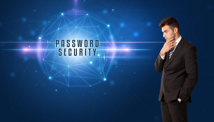 Businessman thinking about security solutions with PASSWORD SECURITY inscription