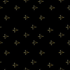 Golden crossbow with arrow seamless pattern. Valentines day backdrop