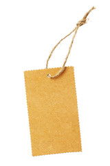 Cardboard tag on a rope isolated on white background