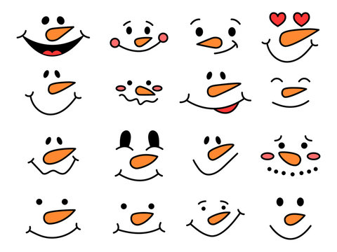 Cute snowman faces - vector collection. Funny snowman emotions. Snowman heads. Vector illustration isolated.