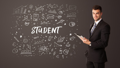 Businessman thinking with STUDENT inscription, business education concept