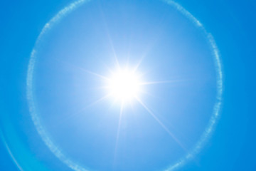 The blue summer sky with white fluffy clouds. Photo from window on the airplane.