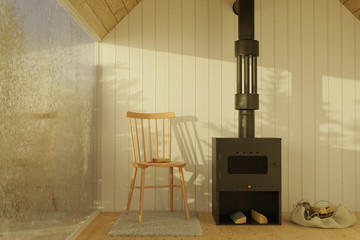 3d rendering of wooden chalet with steel fireplace next to the frozen window