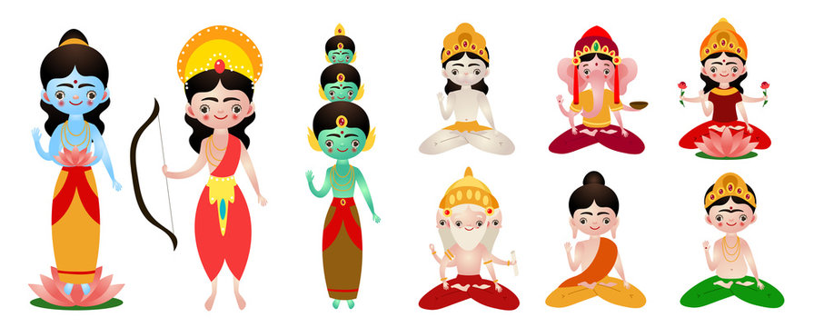 Different standing and sitting hindu deities vector illustration