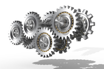 3d Versiedene Zahnräder in einem Getriebe, isoliert