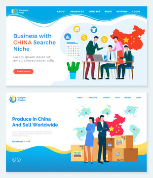 Business with China search niche and relation between counties. Trade and selling products from asian country. People negotiating price. Website or webpage template, landing page vector in flat style