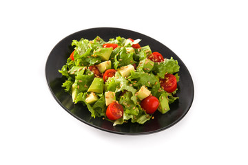 Salad with avocado, lettuce, tomato, flax seeds isolated on white background