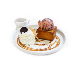 Honey toast with strawberry chocolate chip icecream topping isolate on white background
